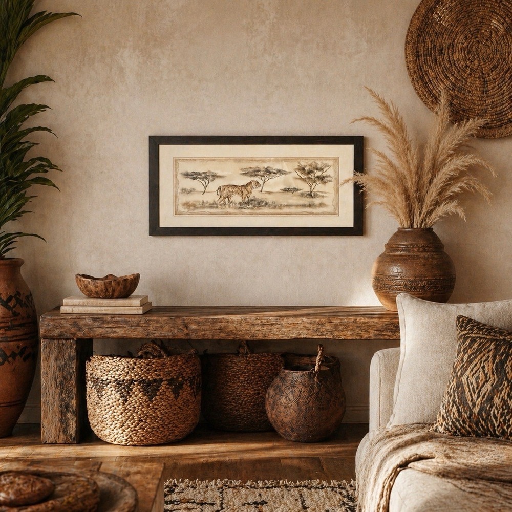 Vintage Tiger Wall Art Framed Wildlife Watercolor Safari w/ Ralph Lauren Vibes